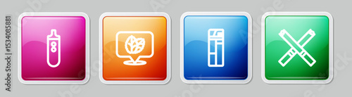 Set line Electronic cigarette, Tobacco leaf, Lighter and Cigarette. Colorful square button. Vector