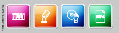 Set line Music synthesizer, Microphone, DJ playing music and MP4 file document. Colorful square button. Vector