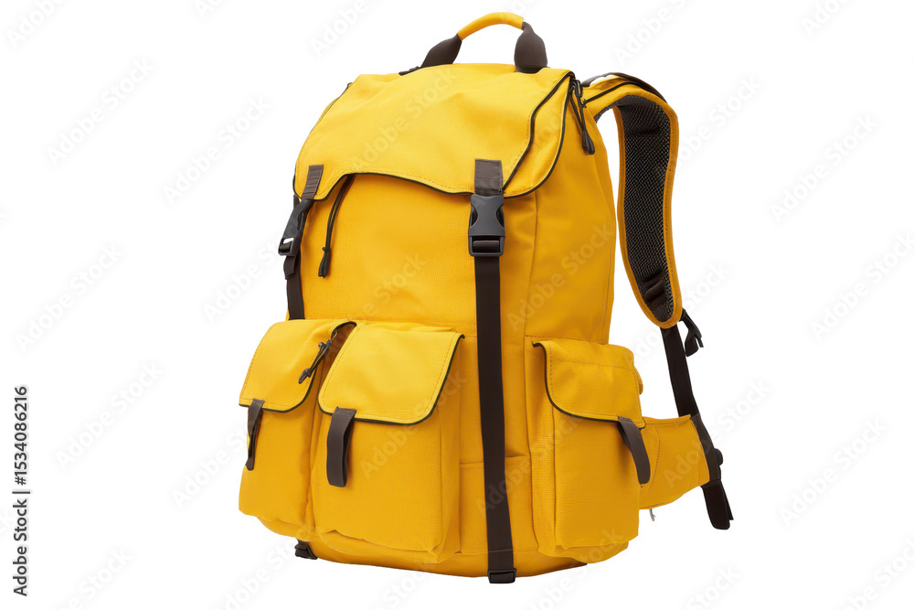 Exploration gear ready for adventures with a vibrant yellow tourist backpack ideal for hiking and travel during sunny days in outdoor settings Exploration gear ready for adventures with a vibrant yellow tourist backpack ideal for hiking and travel during sunny days in outdoor settings