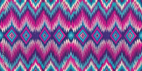 Colorful geometric pattern with pink, blue, and purple hues in a zigzag design.