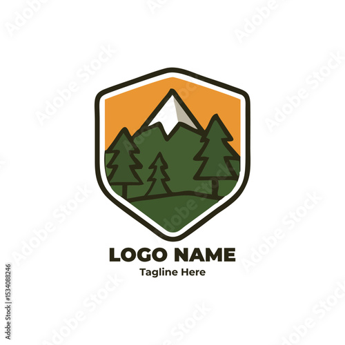 Mountain logo for outdoor adventure hiking trail camping trekking badge gear trip forest emblem journey wilderness nature explore tent branding