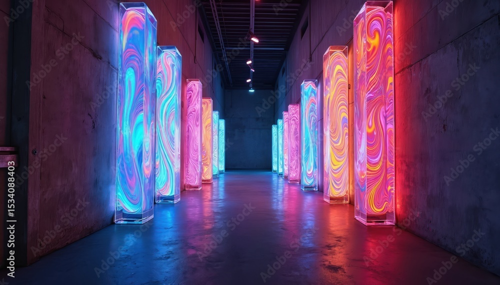 Fototapeta premium Neon light installations in dark alley. Glowing colorful abstract installations creating futuristic urban art in night city. Modern design, technology, illumination, vibrant aesthetic, fantasy.