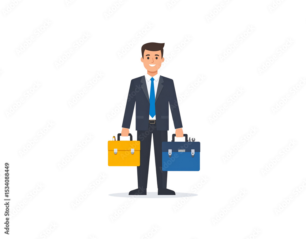 Smiling Businessman Holding a Yellow and Blue Briefcase in Each Hand Smiling Businessman Holding a Yellow and Blue Briefcase in Each Hand