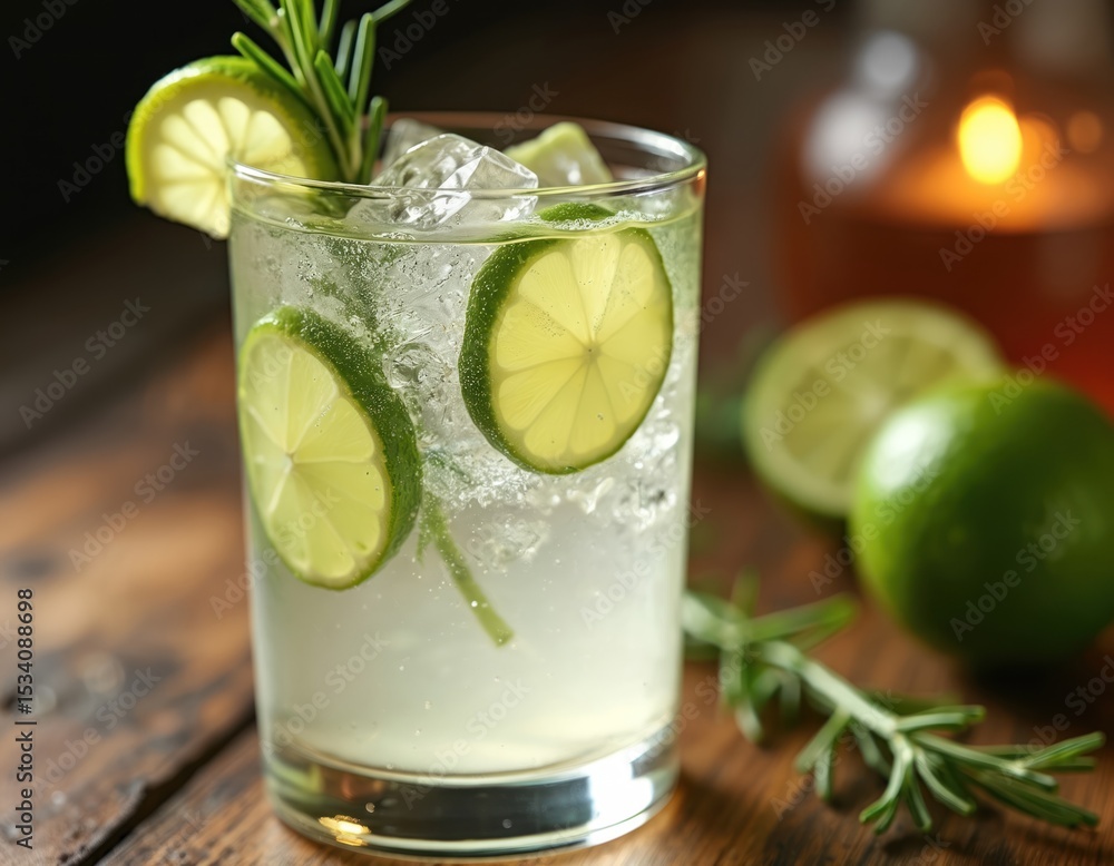 Fototapeta premium Refreshing gin and tonic cocktail with lime slices, rosemary sprigs and ice cubes in glass. Close-up, alcoholic beverage on wooden table at bar. Summer drink, cold refreshment for happy hour or party.