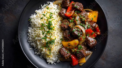 Vietnamese shaking beef bo luc lac stir fried beef cubes bell peppers onions and fried rice on black plate dinner top down view