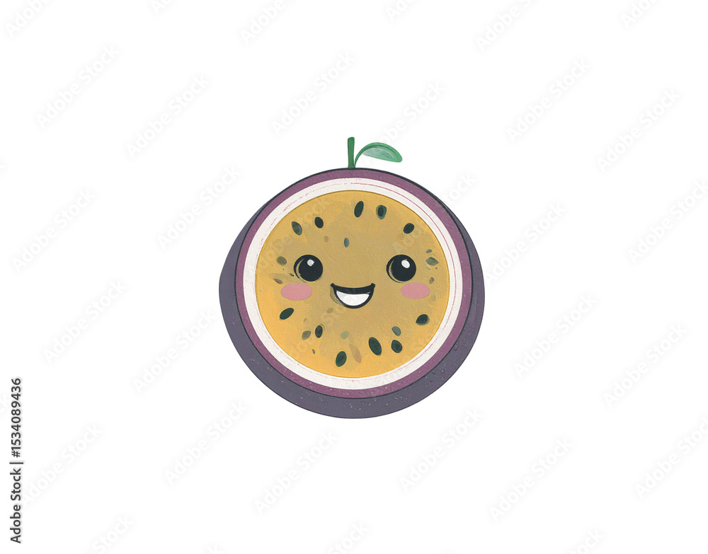 Fototapeta premium Smiling Passion Fruit Slice with a Single Leaf and Visible Seeds