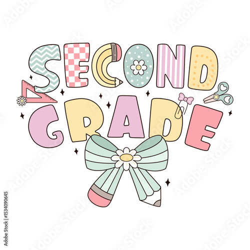 Second grade shirt design, Retro back to school, First day of school, Coquette teacher hand drawn vector illustration in flat style.