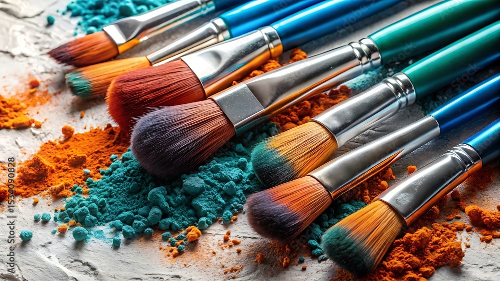 Fototapeta premium Makeup brushes with colorful powder pigment on a textured surface close up
