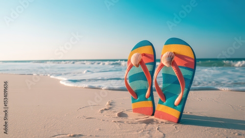 Fototapeta Naklejka Na Ścianę i Meble -  Colorful flip-flops with seashells on a sandy beach with ocean waves under a clear sky.
