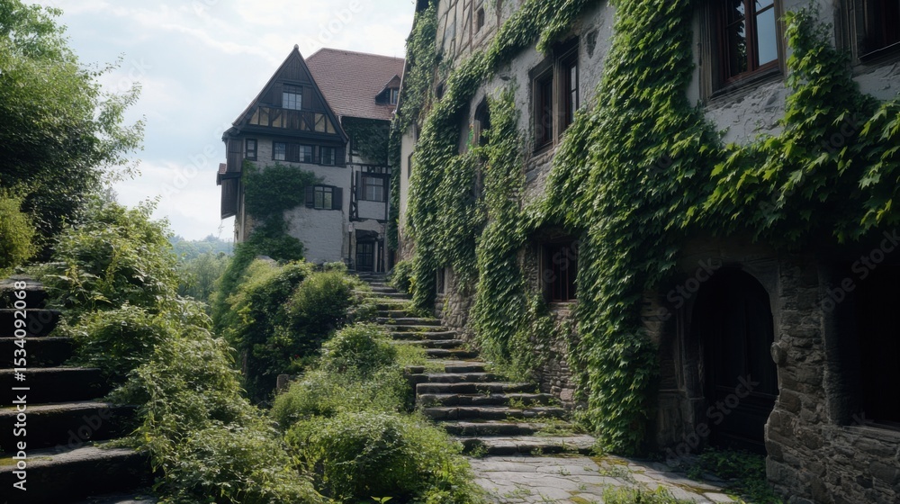Fototapeta premium an an german old town covered in hedges an thornes like in sleeping beauty and dark fantasy movie