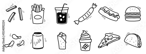 junk food fast food icon doodle hand drawing pizza, burger, soda