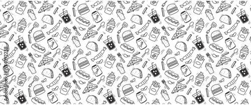 junk food seamless pattern doodle fast food yummy burger pizza hot dog 