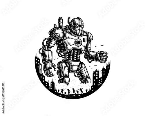woodcut linocut illustration of giant steampunk robot invading people in a big city resembling ai artificial intelligence android machine conquer human race 