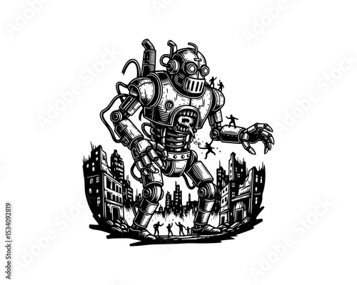 woodcut linocut illustration of giant steampunk robot invading people in a big city resembling ai artificial intelligence android machine conquer human race 