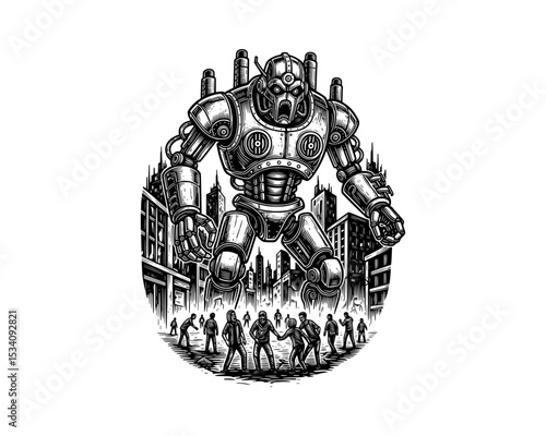 woodcut linocut illustration of giant steampunk robot invading people in a big city resembling ai artificial intelligence android machine conquer human race 