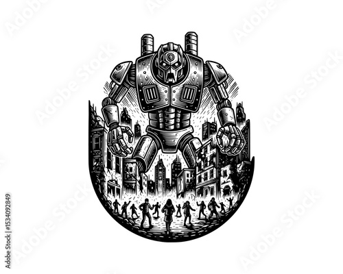 woodcut linocut illustration of giant steampunk robot invading people in a big city resembling ai artificial intelligence android machine conquer human race 