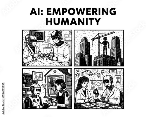 woodcut linocut illustration of poster flyer about robot ai artificial intelligence android machine helping assist empowering improving allying human race life quality