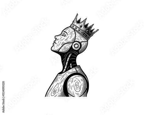 woodcut linocut illustration of half body robot figure wearing a crown looking upward resembling ai artificial intelligence android machine conquer human race 