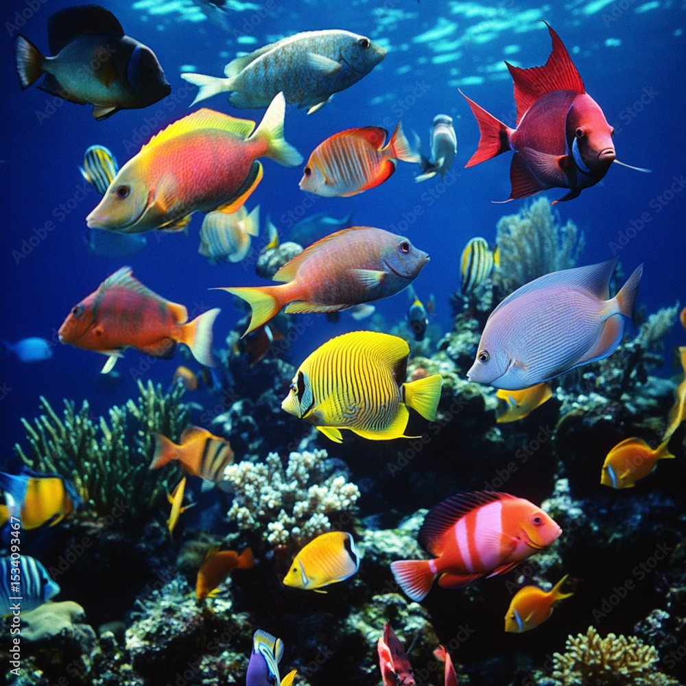 Fototapeta premium A_school_of_colorful_fish_swimming_in_a_coral