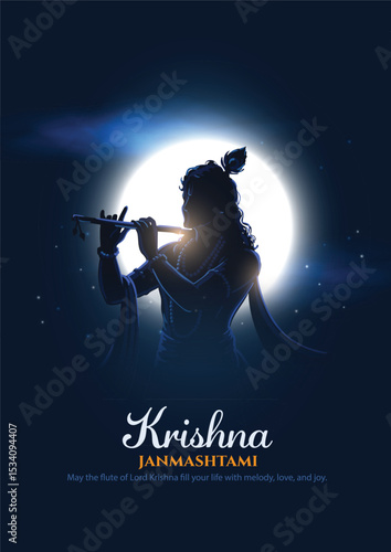 Happy Janmashtami with lord Krishna silhouette on night blue sky with full moon. Creative Vector Illustration design.