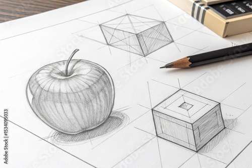 Detailed Pencil Drawings of an Apple and Geometric Shapes