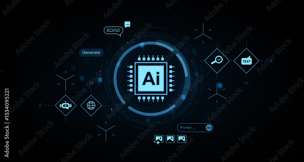 Futuristic AI interface with digital icons and microchip symbol on dark background representing artificial intelligence and data generation concept. 3D Rendering Futuristic AI interface with digital icons and microchip symbol on dark background representing artificial intelligence and data generation concept. 3D Rendering