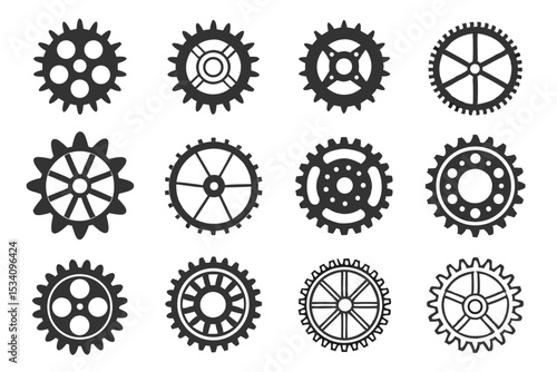 Collection of vector gear cogwheels in various styles isolated on a white background