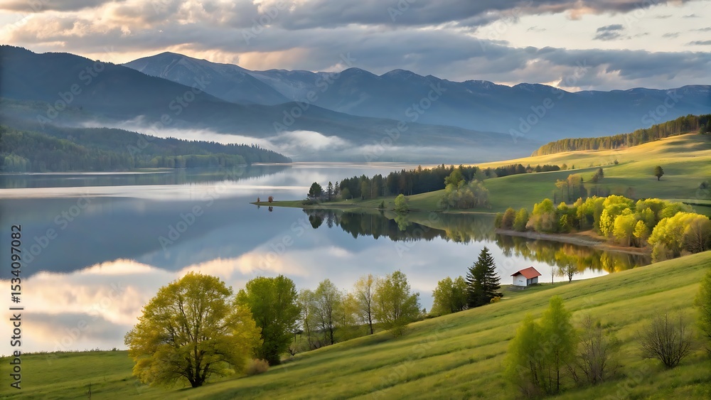 Fototapeta premium Serene Mountain Lake at Sunrise Breathtaking Landscape Photography
