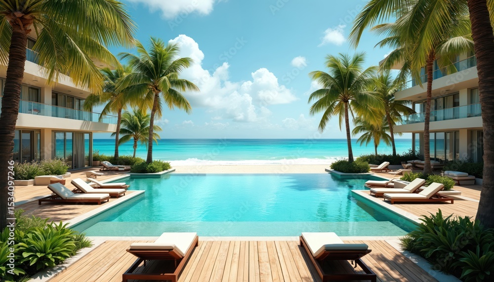 Fototapeta premium Luxury tropical resort with swimming pool. Clear blue sky ocean view. Palm trees surround pool. Relaxing holiday destination with turquoise water and white sand beach. Travel vacation.