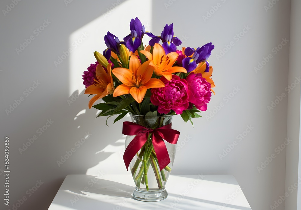 Fototapeta premium Fresh Blooming Mixed Floral Arrangement in Glass Vase with Ribbon