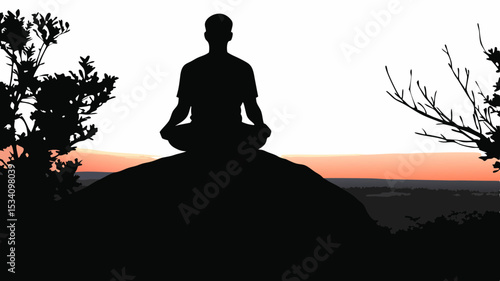 Silhouette of a Meditating Figure on a Hilltop at Dusk with Trees.