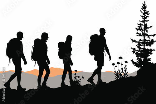 Silhouetted Hikers with Backpacks Ascending a Hillside with Evergreen Tree.