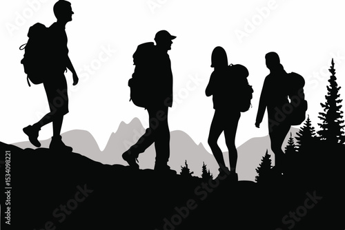 Silhouetted hikers with backpacks traverse mountainous terrain near evergreen trees.