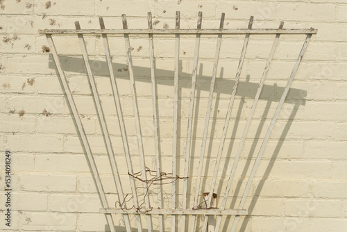 Obraz na plátně old wood fan trellis set against an old painted brick wall