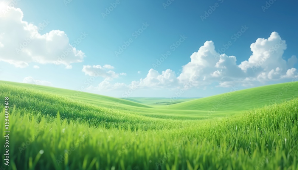 Obraz premium Green grass field with blue sky and white clouds. Sunny day, springtime landscape scenery. Beautiful natural eco environment. Calm rural countryside panorama perfect for wallpaper background.