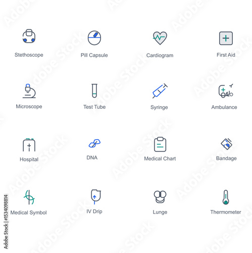 Medical and Healthcare Line Icon Set. Collection of outline symbols for medicine, science, and hospital