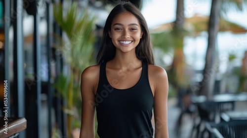 An attractive female model smiling in her late 20's standing beside an outdoor bar modelling a blackcoloured plain tank top The model is standing directly sqaure with the front of the camera Free Download An attractive female model smiling in her late 20's standing beside an outdoor bar modelling a blackcoloured plain tank top The model is standing directly sqaure with the front of the camera - GFXLoad