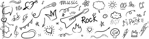 Hand-drawn doodle set with rock and punk themed elements including guitar, microphone, hearts, music notes, lightning bolts, and expressive icons in black and white sketch style.