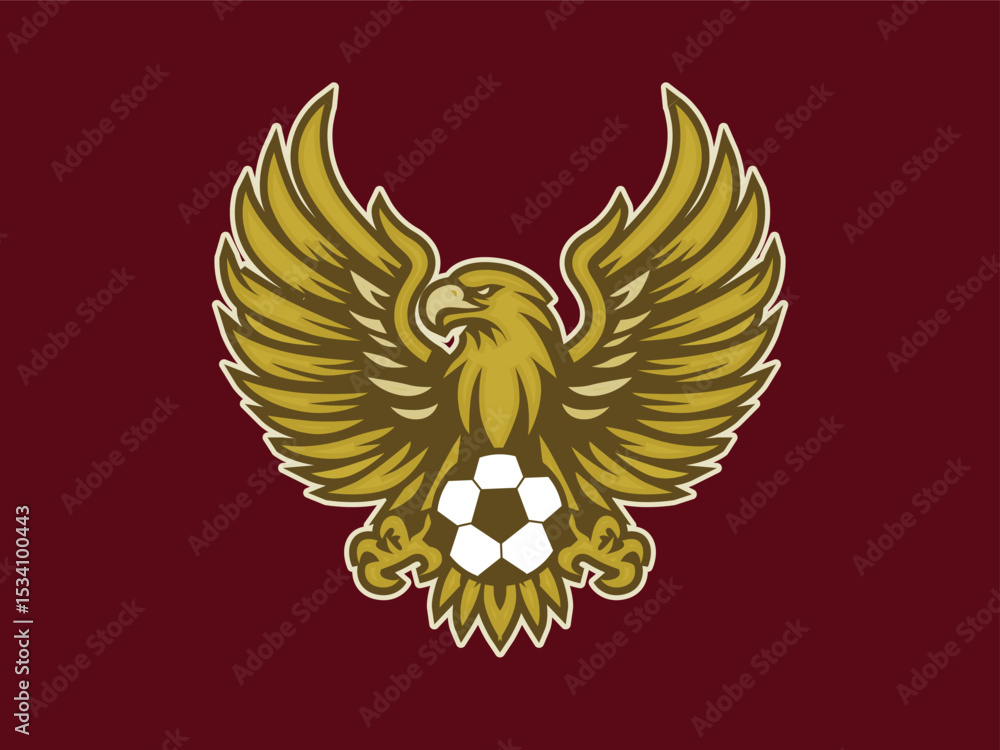 Obraz premium flying golden eagle logo holding a ball on a maroon background, for a football club or sports club logo. Eagle bird logo