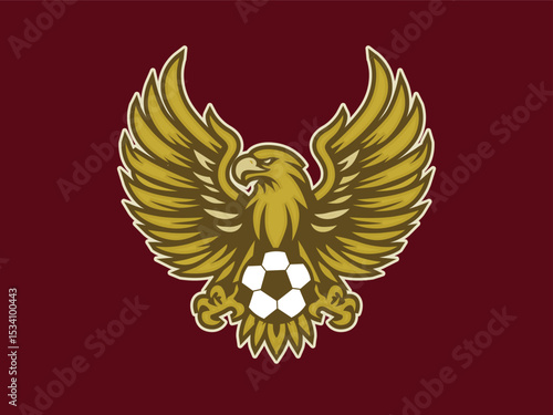 flying golden eagle logo holding a ball on a maroon background, for a football club or sports club logo. Eagle bird logo