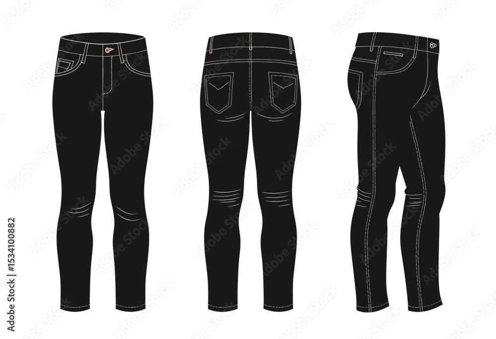 Black Jeans Illustration: Front, Back, Side Views with White Stitching Details Black Jeans Illustration: Front, Back, Side Views with White Stitching Details
