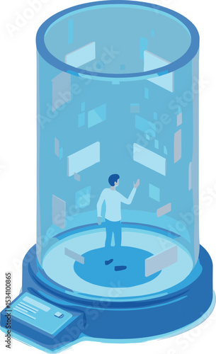 Man in virtual chamber, futuristic interface system, digital interaction pod, immersive technology hub, holographic screen data display, sci- flat vector illustration