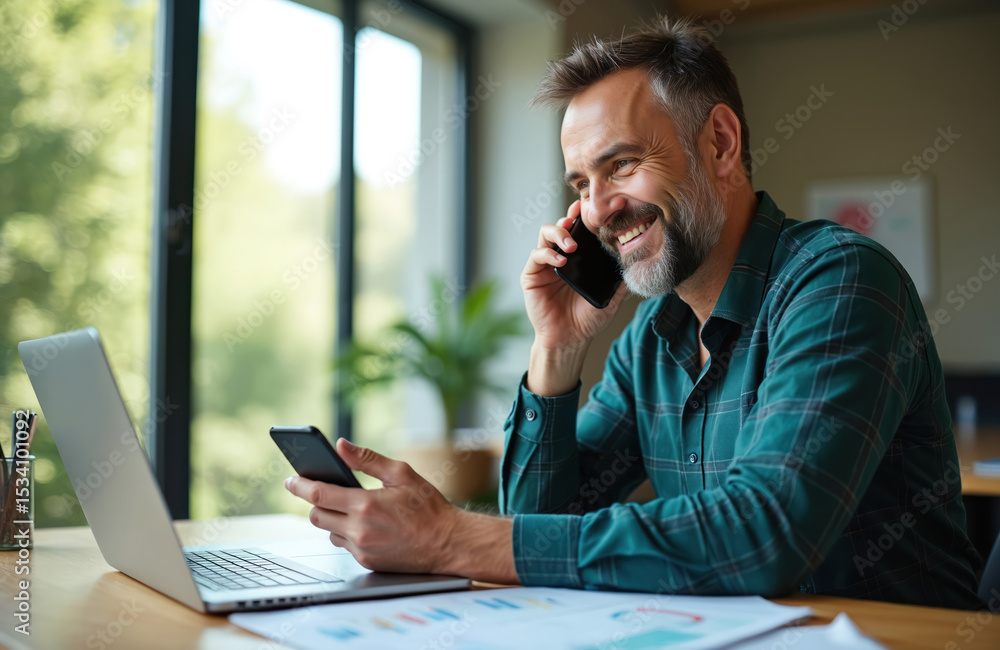 Smiling man works at office, using laptop and smartphone. Young pro businessman makes phone call. Modern workplace, technology, communication, business concept. Casual wear, happy, confident, indoor. Smiling man works at office, using laptop and smartphone. Young pro businessman makes phone call. Modern workplace, technology, communication, business concept. Casual wear, happy, confident, indoor.