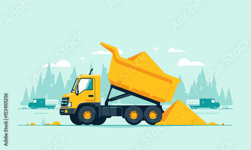 Construction Site: Yellow Dump Truck Unloading Sand in Forest