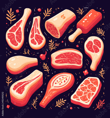 Colorful Variety of Raw Meat Cuts on Dark Background with Herbs