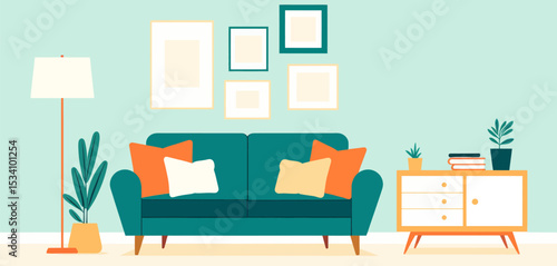 Cozy Living Room with Teal Sofa and Orange Pillows