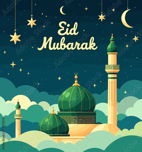 Eid Mubarak Celebration with Mosque and Stars