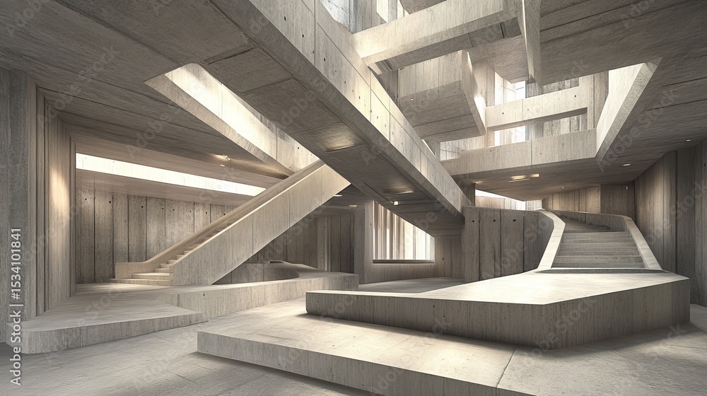 Naklejka premium A minimalist concrete structure with intricate staircases, platforms, and natural light illuminating the spacious interior