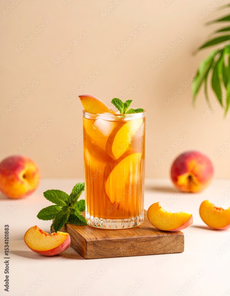 Fototapeta premium Peach iced tea with mint in tall glass, fresh peaches, warm tones, soft light, summer refreshment.