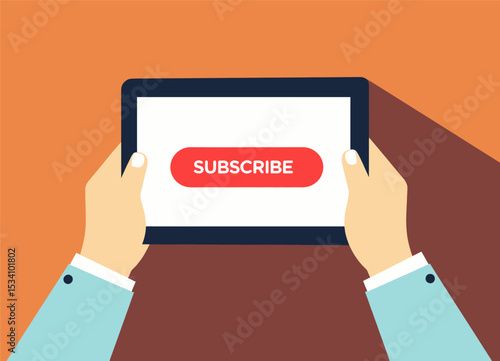 Hands Holding Tablet with Subscribe Button, Vibrant Orange Background